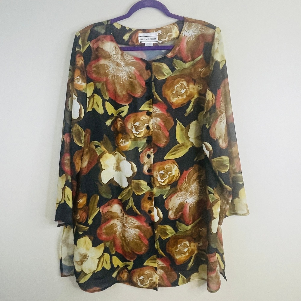 Vintage Art To Wear Floral Top Womens 1X Colorful Button Up Tunic Career Casual